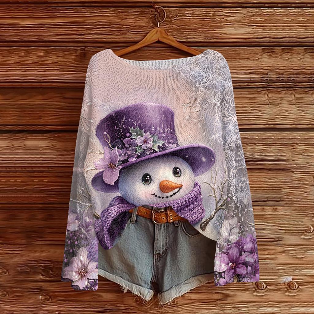 Women's Fashion Christmas Print Lightweight Sweater Casual Long-Sleeve Knit Pullover Top