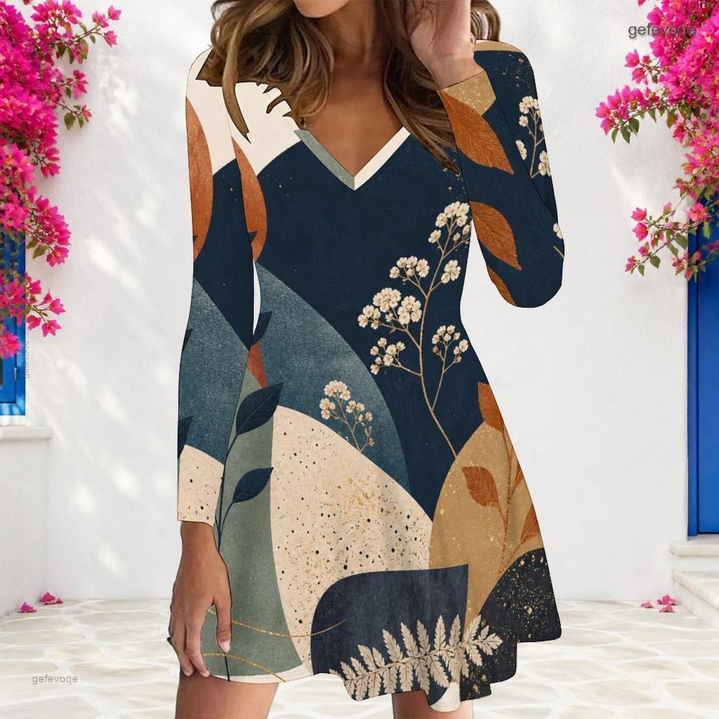 Damen Übergröße V-Ausschnitt Langarm Batik Druck Blau Weiß A-Linien-Kleid