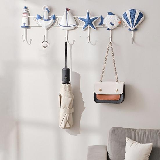 Beach Wooden Wall Hook Summer Ocean Theme Towel Rack with 6 Hooks for Bathroom Bedroom Kitchen Decorative Organizer for Coats Aprons Hats