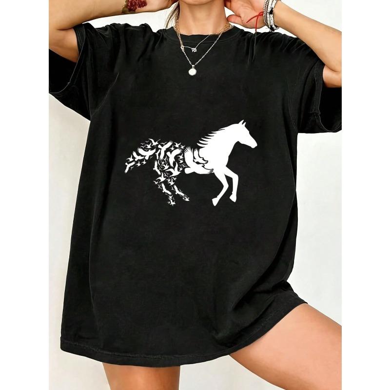 Oversized T Shirt Black Horse Print With Tribal Design Casual Wear For Women Summer Street Style Fashion Top