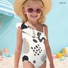 Girls One Shoulder Ruffle One Piece Marble Printed Swimsuit