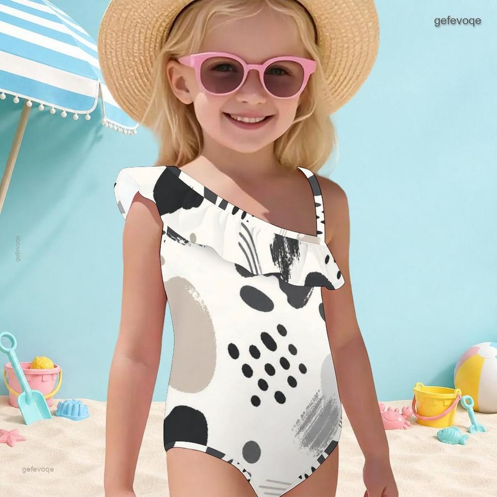 Girls One Shoulder Ruffle One Piece Marble Printed Swimsuit