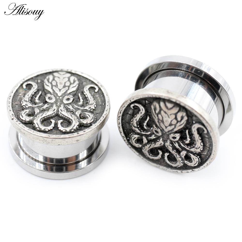 

Alisouy 2PCS 8mm-25mm Retro Octopus Нержавеющая сталь Ушные туннели Заглушки Расширитель Растяжитель Калибр Серьги Пирсинг Украшения для тела 8mm серебряный