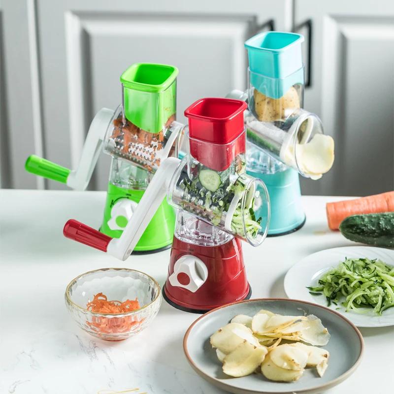 Cutter&Slicer Manuelle Küchen-Käsehackmaschine mit 3 scharfen Trommeln Heim Knoblauchpresse Knoblauch Küche Gemüse Kartoffel Reibe