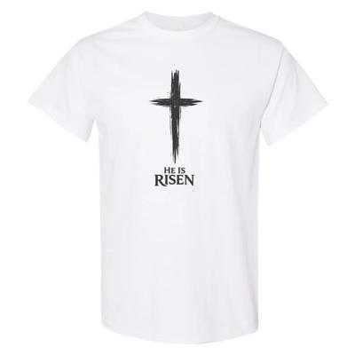 Christian He Is Risen Black Cross Shirt Easter Jesus Faith Graphic Tee Mens