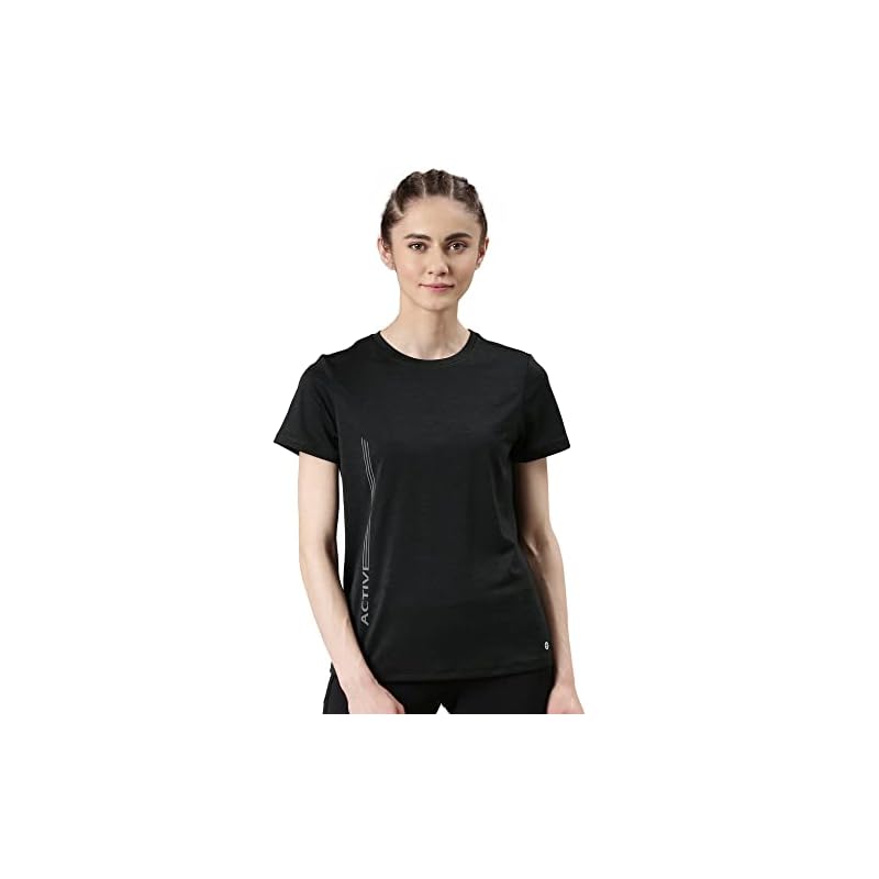 Enamor Dry Fit Antimicrobial Crew Neck Workout Tee for Women with Reflective Graphic(A309_BLACK MELANGE ACTIVE REFLECT