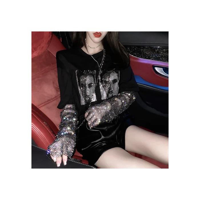 Summer Short-Sleeve T-Shirt with Hotfix Rhinestones  Cotton Sleeves for Women 2XL