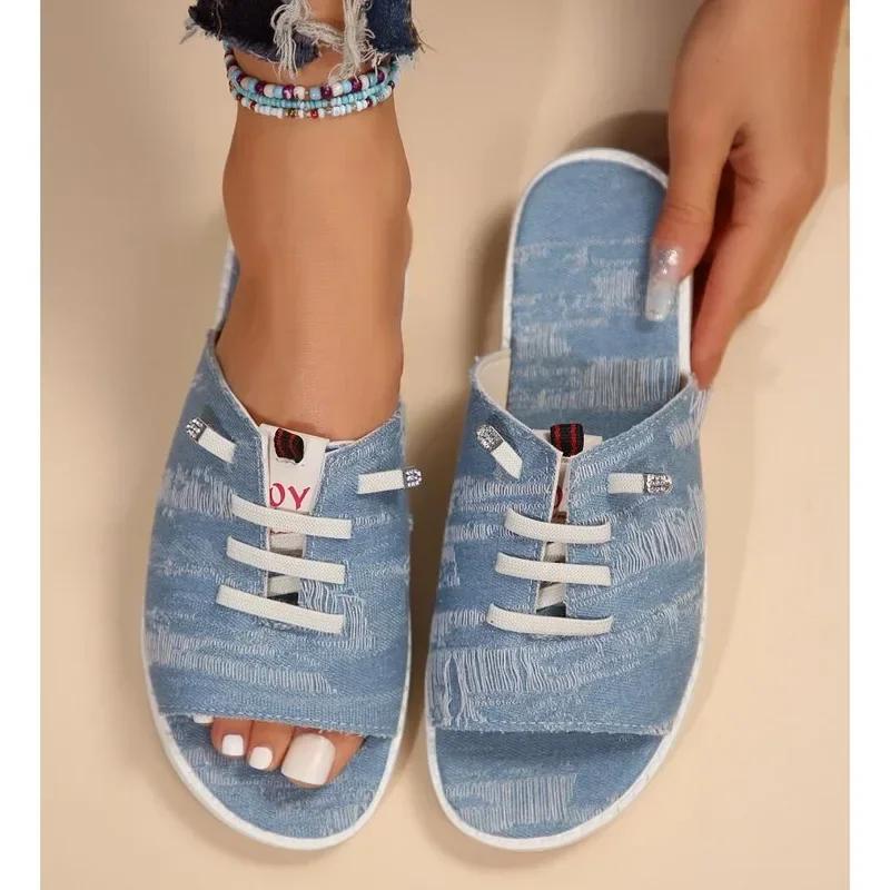 2026 New Canvas Slippers for Women Summer Breathable Sandals Open Toe Ladies Denim Comfort Flat Shoes Zapatos Mujer Size 43