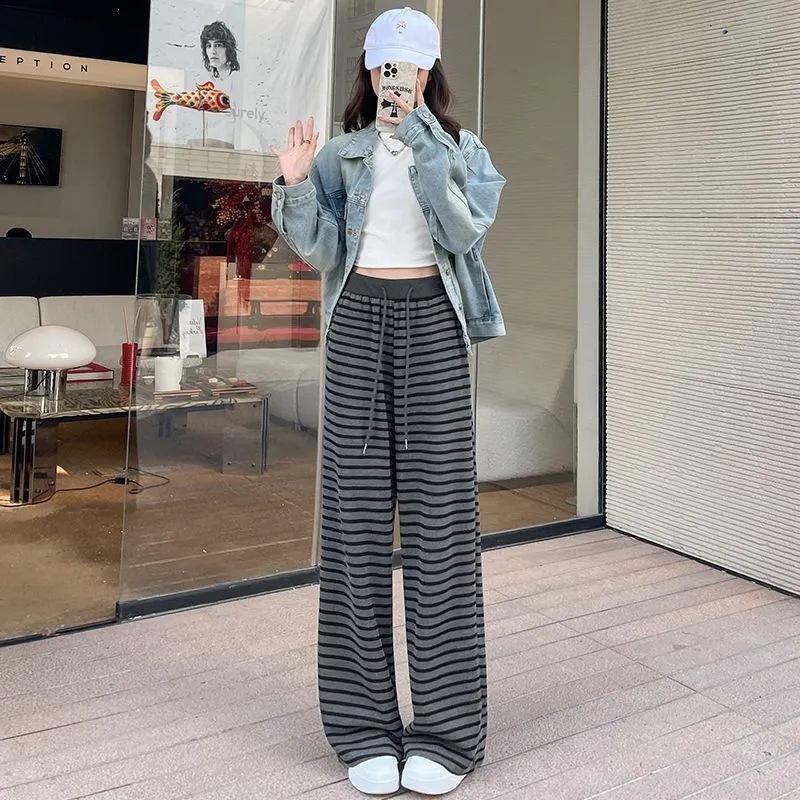 Women's Retro Grey Striped Wide-Leg Pants, Elastic Waist with Drawstring - High Waist, Loose Fit, Spring/Summer 2026 Collection.