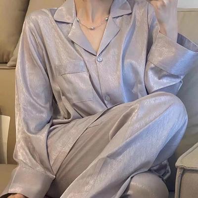 Herringbone Jacquard Ice Silk Pajamas Women's Long Sleeve Loose Thin Home Clothes Set
