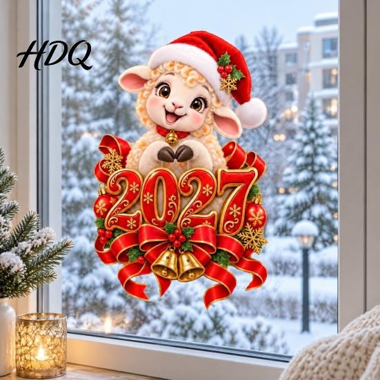 New Year Window Clings of The Sheep Cling 2027 Static Sticker Christmas Cartoon Easy Apply Glass Surface Decals Goat Decal with Santa Hat And Bells