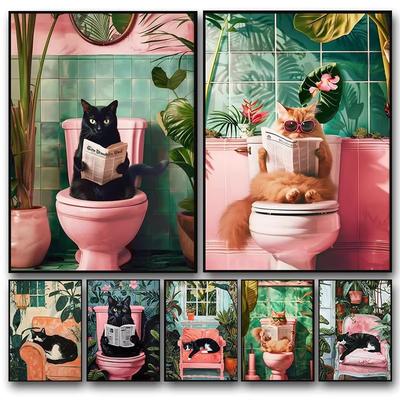 Funny Cat On Toilet Wall Art Cat Reading Newspaper Canvas Posters Print Picture for Home Bathroom Living Room Decor No Frame