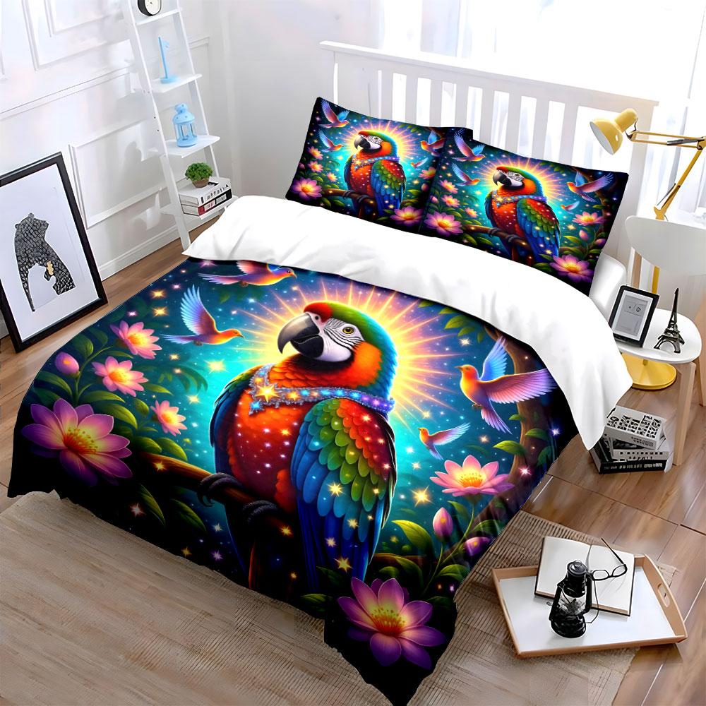 Vibrant Parrot and Flowers Bedding Duvet Cover Set  (1*Duvet Cover 2*Pillowcases, Without Duvet Insert)