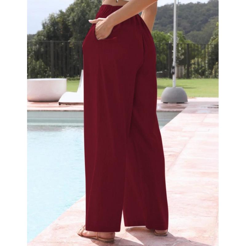 Women Pants Casual White High Elastic Drawstring Baggy Pants Streetwear Solid Color Cotton and Linen Wide Leg Trousers