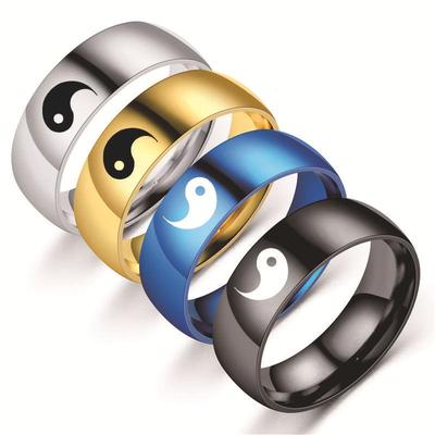 Yin Yang Tai Chi Couple Rings - 8mm Stainless Steel Jewelry for Men and Women, Black and Silver Wedding Bands
