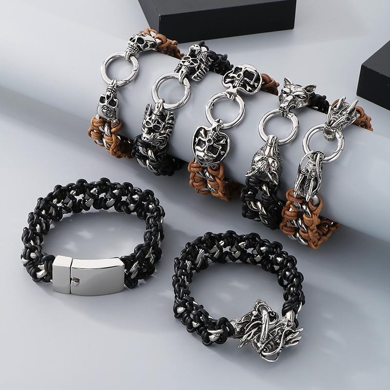 KALEN Punk Fine Jewelry Fashion Bracelets Men Stainless Steel Micro Fiber Leather Skull Links Bracelet Bangle