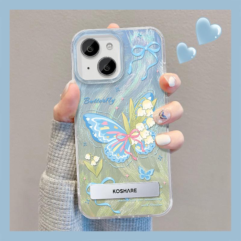 Applicable To Apple 15 Mobile Phone Case Iphone14 Blue Butterfly Stand 13pm Feather Yarn Laser IMD12 Soft Edge X