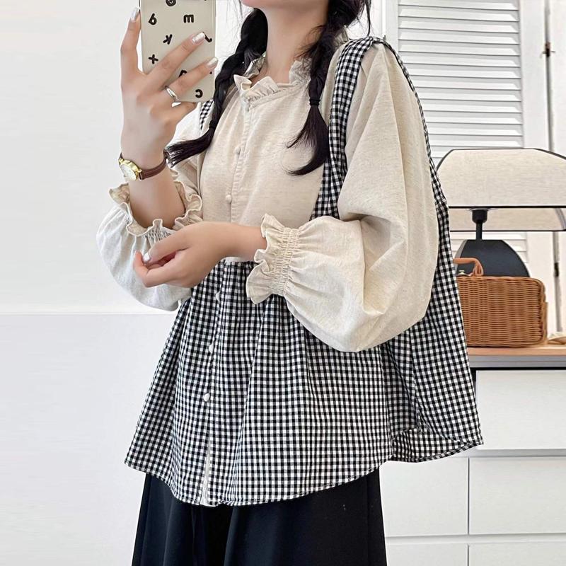 Johnature Japanese Fungus Trim Collar Plaid Shirt Casual Vintage Long Sleeve Stitched Retro Loose Shirt Women