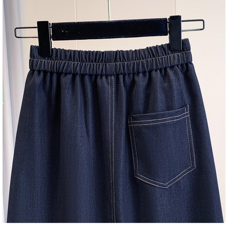 DIMANAF 2026 Summer Plus Size Women Skirts Elastic Waist Oversize Casual Lady Long Skirts Denim Cotton Solid Blue