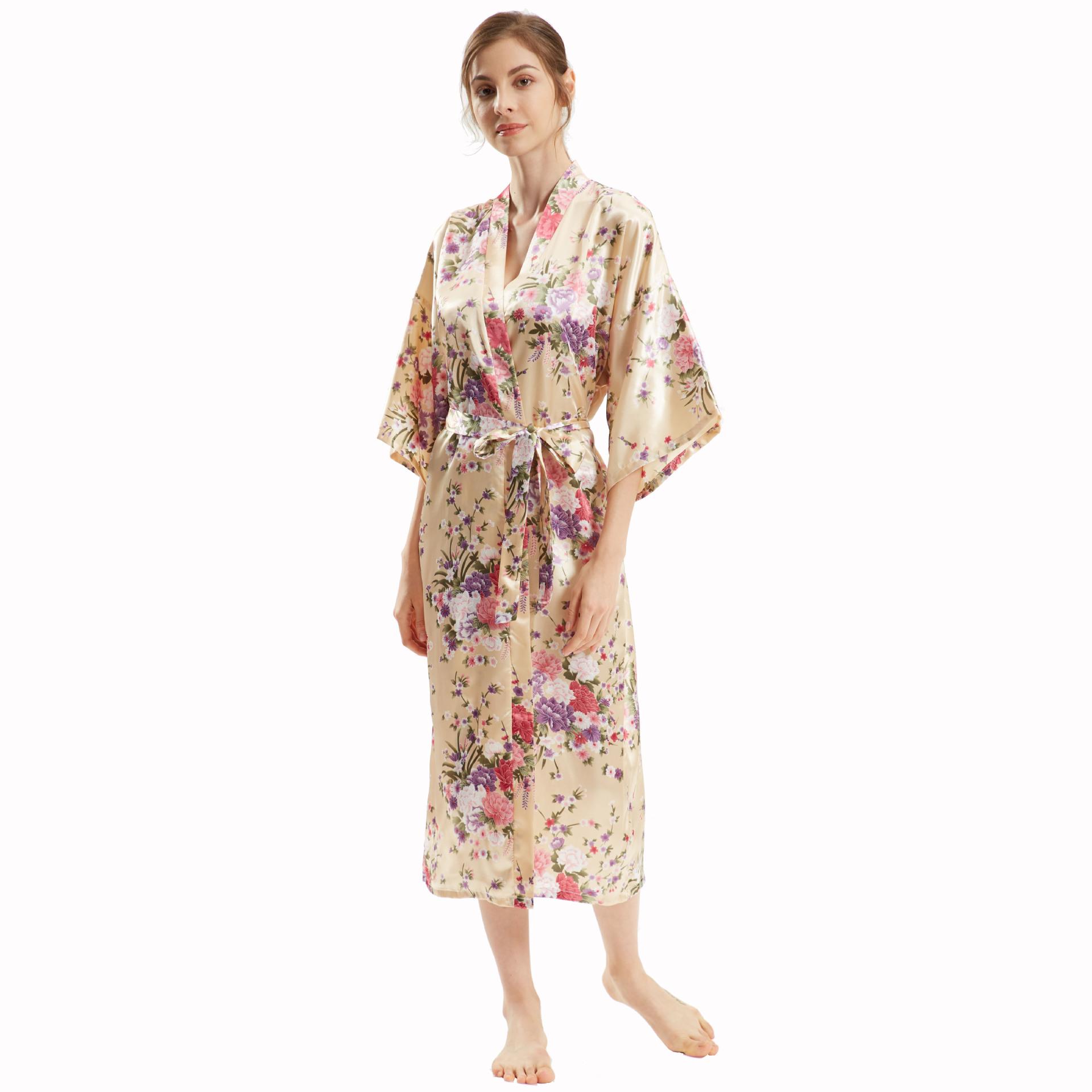 

Women s Summer Fall Kimono Cardigan Mid-sleeved Long Floral Faux Silk Comfortable Elegant Homewear One size