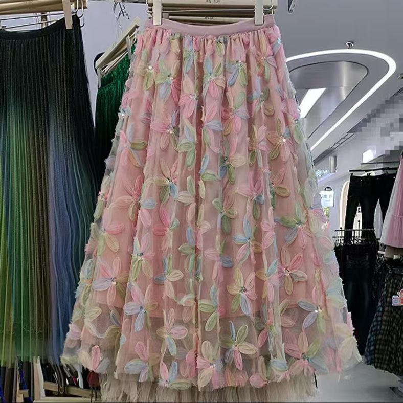Women's French Romantic A-Line Mesh Skirt with 3D Flowers - Elastic Waist, Stunning Summer Design