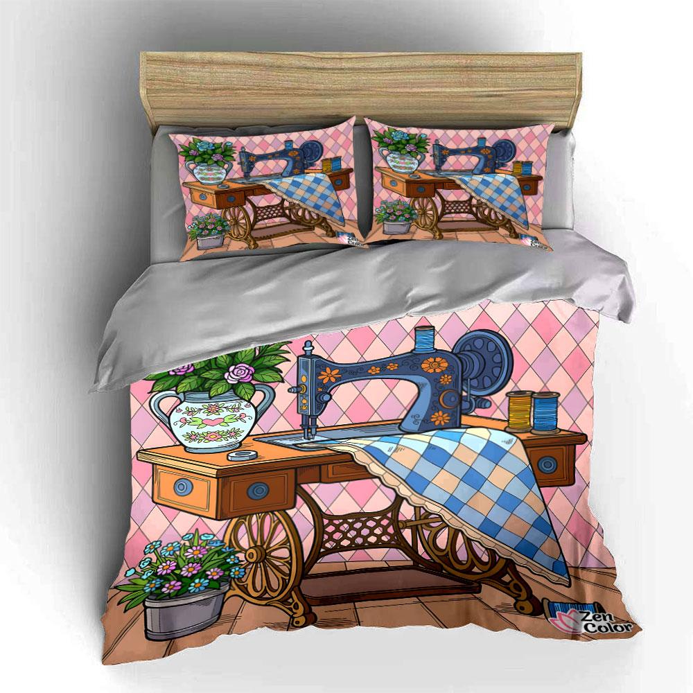Vintage Sewing Machine Decor Setup Exquisite Three-Piece Bedding Set Gift For Kids And Adults