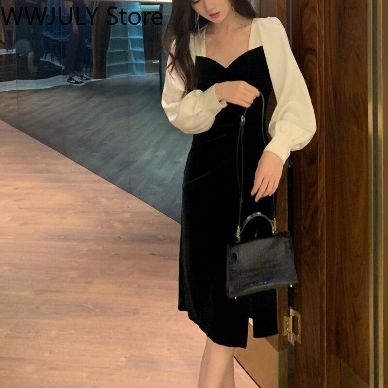 Buy Elegant One Piece Dress Korean Fashion Velvet Midi Dress Office Lady Long Sleeve Black Y2k Dress Women Party Vintage Clothing At Affordable Prices Free Shipping Real Reviews With Photos Joom