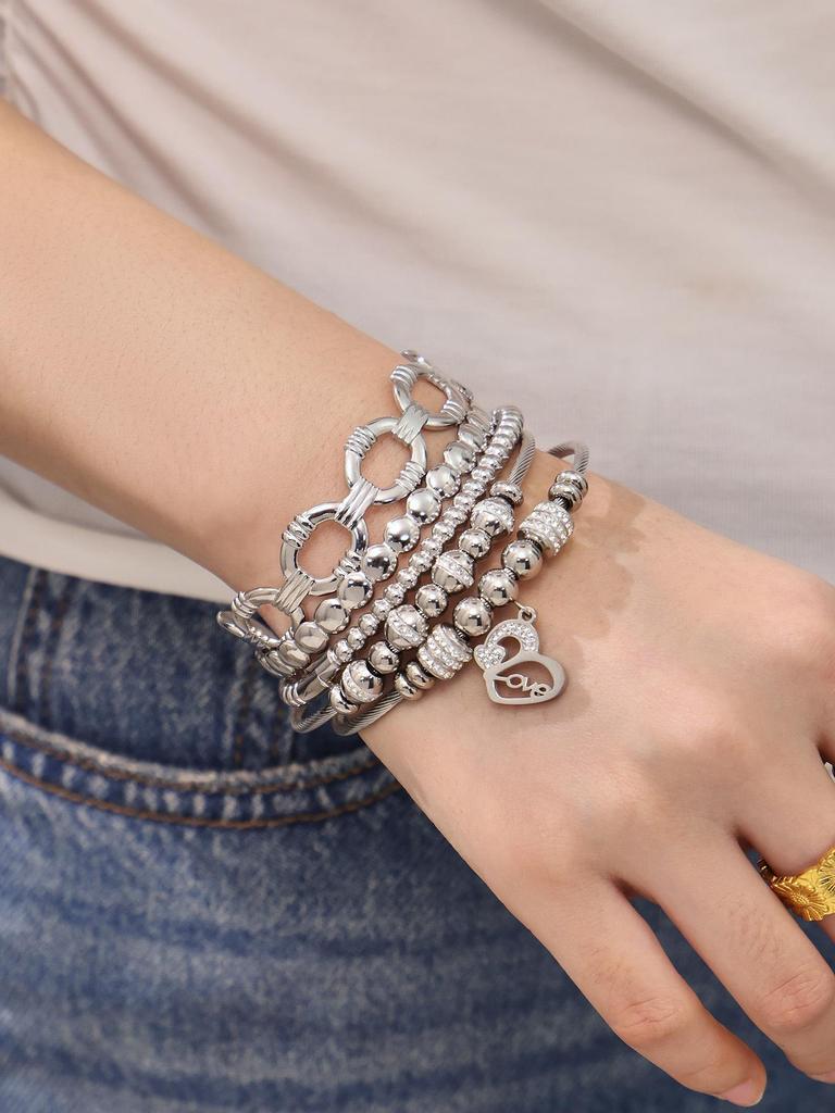 18K Gold-Plated Stainless Steel Geometric Zircon Bracelet Set - European & American Style, Personalized High-Texture Design.