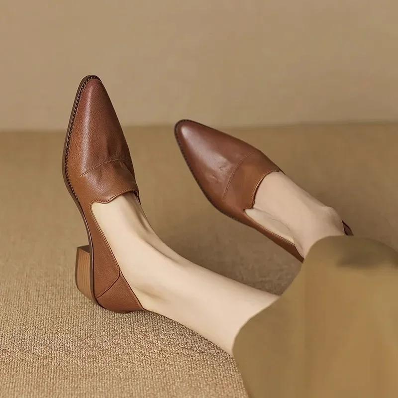 Fashion 2024 New Spring Women Shoes Pumps Pointed Toe Chunky Heel Comfortable All-match Casual Ladies Shoes Genuine Leather Retro Heels