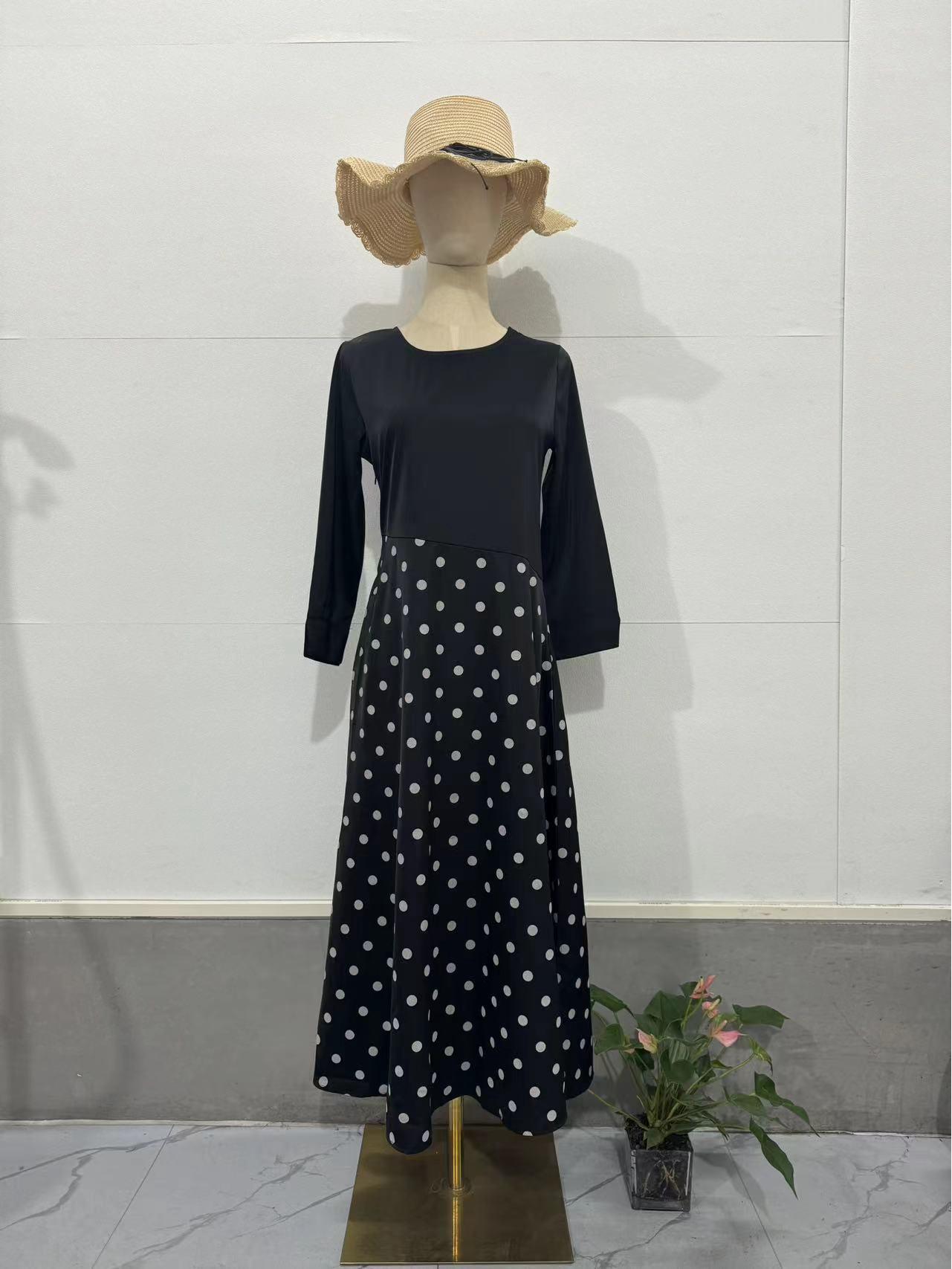 2025 Spring Women s Polka Dot Crew Neck Dress with Long Sleeves and Waist-Hugging Design S