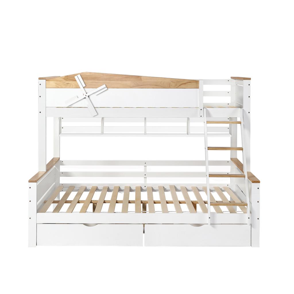 Bunk Bed with Windmill, Shelves, Color-Contrasted Safety Rail, Four-Step Angled Ladder and Drawers, Pine+MDF, White+Natural, 90x200cm&140x200cm