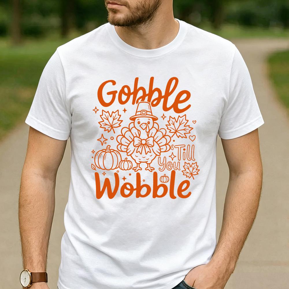 Gobble Till You Wobble Line Art Pilgrim Turkey Pumpkin Maple Leaf Graphic T Shirt Unisex Cotton Funny Thanksgiving Casual Tee