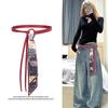 Vintage Red Silk Scarf Waistband - Women's Hip Hop Punk Ribbon Belt with Chain Accent for Jeans