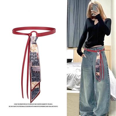 Vintage Roter Seidenschal Taillenband - Damen Hip Hop Punk Schleifen Gürtel mit Kettenakzent für Jeans