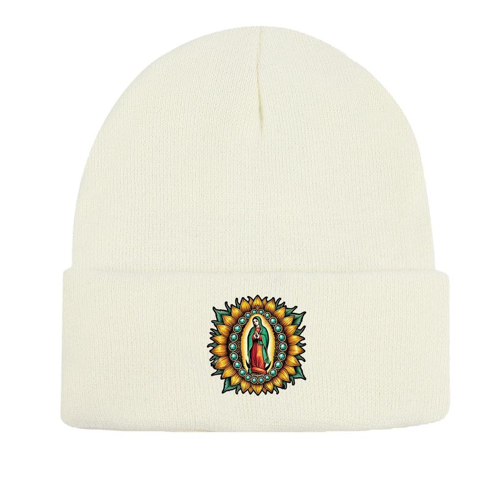The Virgin Mary Sunflower Warm Knitted Hat Beanie, Woman Cap Cancer Chemo Cuff Solid Pompom Beanies Knit Cap Beanie