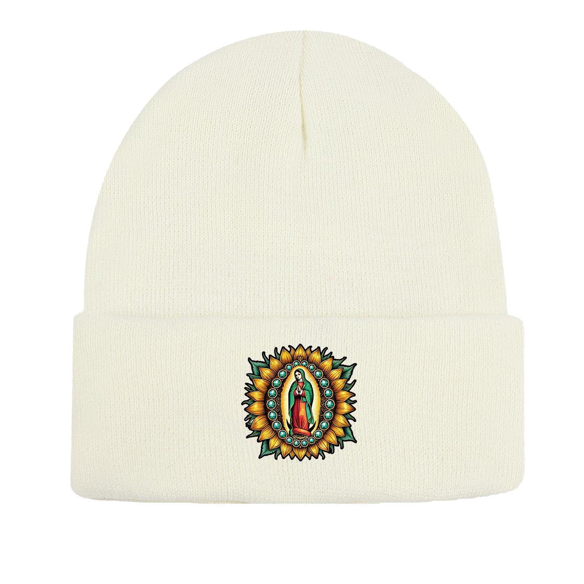 

The Virgin Mary Sunflower Warm Knitted Hat Beanie, Woman Cap Cancer Chemo Cuff Solid Pompom Beanies Knit Cap Beanie as the picture