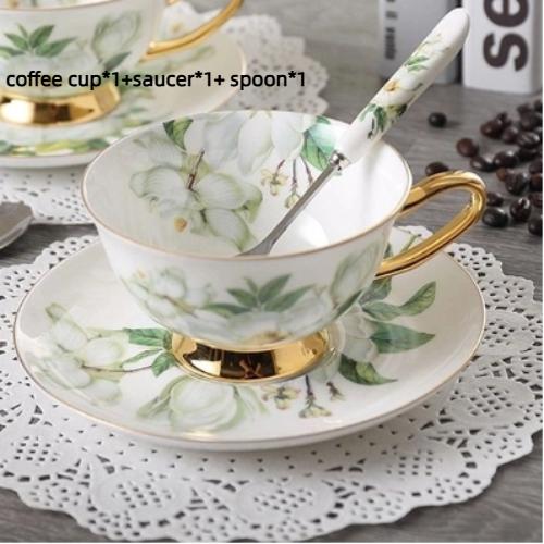 British Style Bone China Tea Cup and Saucer Set – Floral Ceramic Coffee Cup with Golden Rim and Spoon