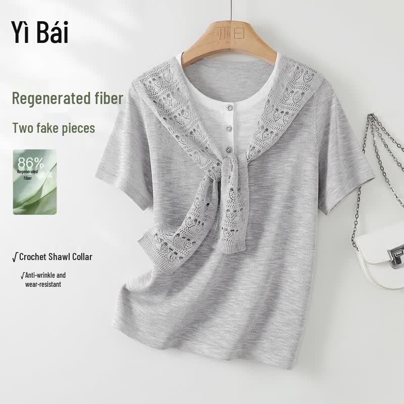 Yibai 2026 Summer Shawl Knit Mock Two-Piece T-Shirt XL