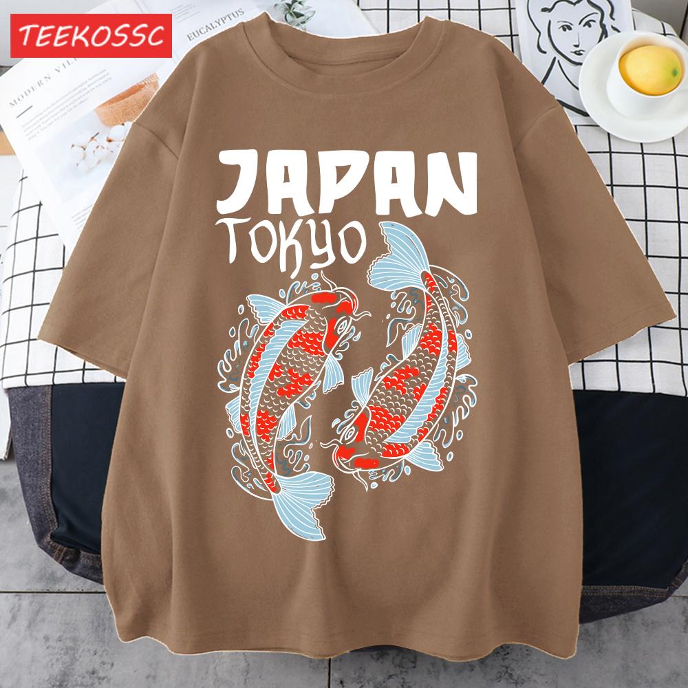 Harajuku Japan Tokyo Koi Print Man TShirt Summer New Loose Short Sleeve ONeck Cotton T Shirts Trendy Unisex AllMatch Clothes