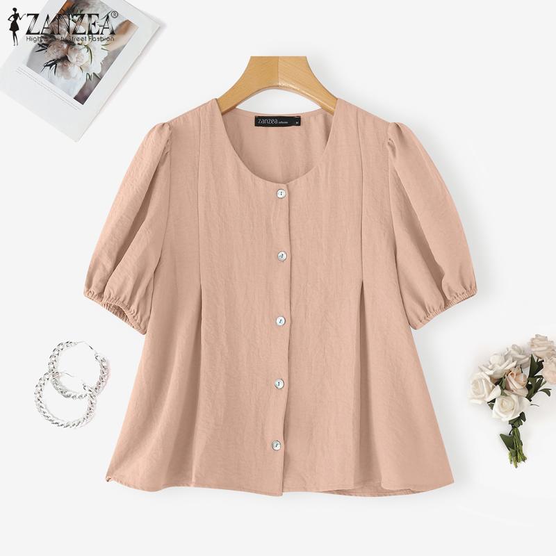 

ZANZEA Элегантная женская блузка с круглым вырезом, рукавами-буфами и застежкой на пуговицы S светло-розовый