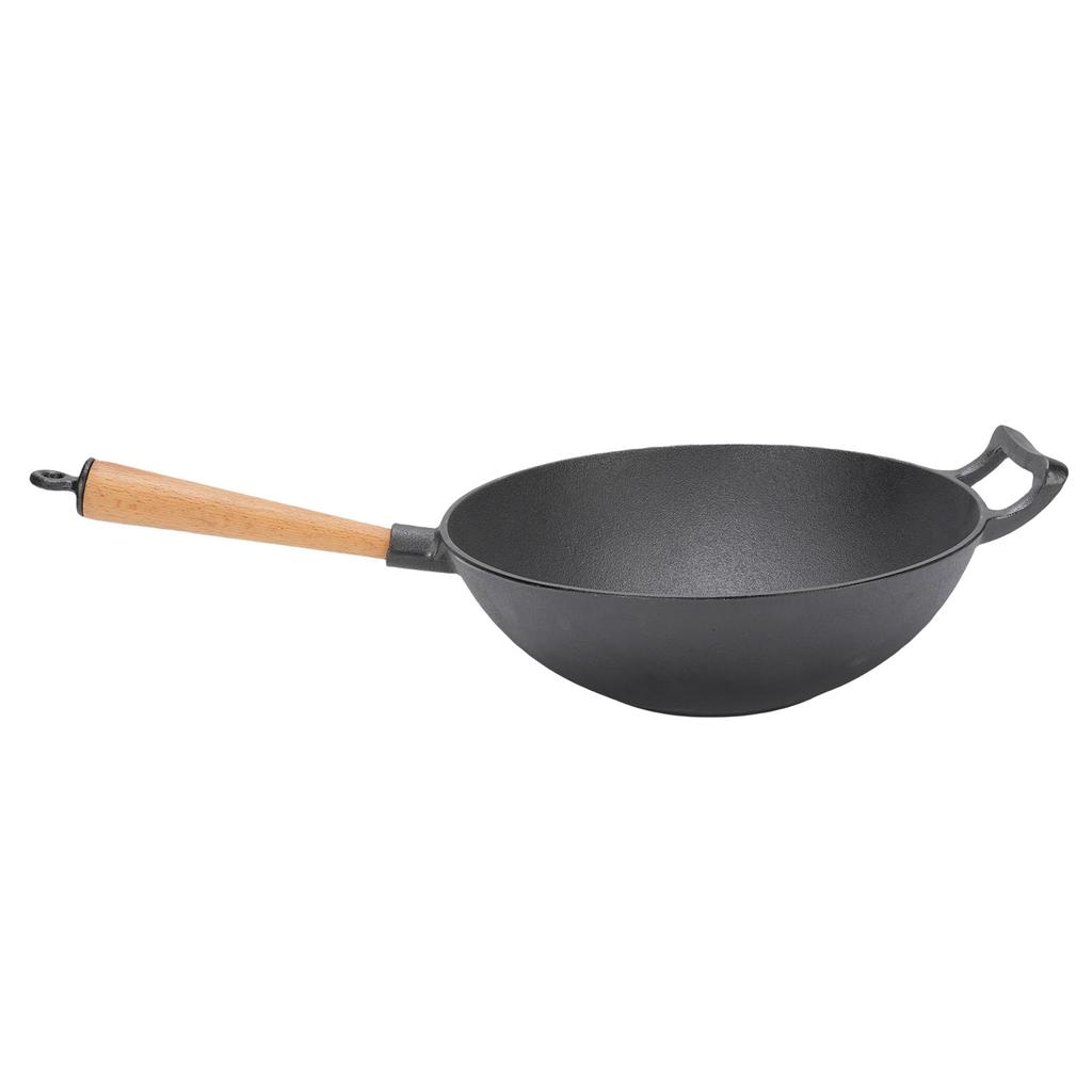 Cast Iron Wok Pan Multifunctional Stir Fry Pan with Wood Handle for Induction Cooker Electric Ceramic Stove Gas