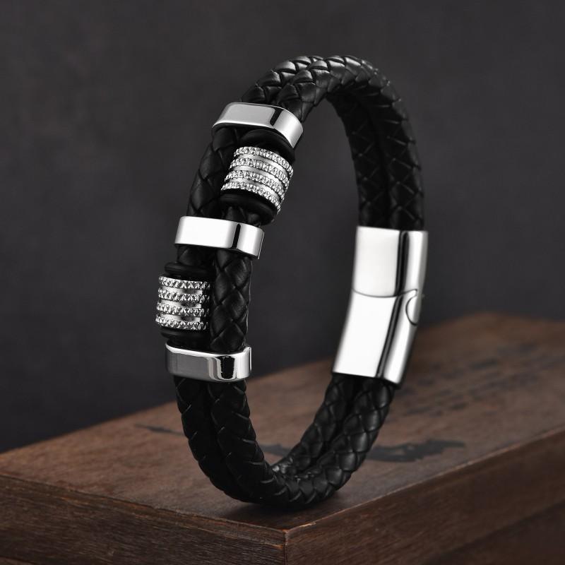 Stainless Steel Geometric Double Wrap Bracelet Men Minimalist Leather Woven Cuff Adjustable Size