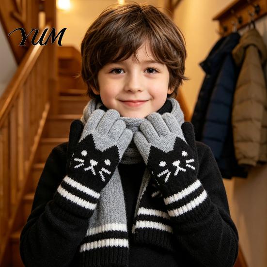 Kids Comfortable Warm Gloves for Cycling 1 Pair Winter Gloves, Cozy Thick Lined Mittens with Flexible Knitted Writing Playing Cute Cat Pattern,