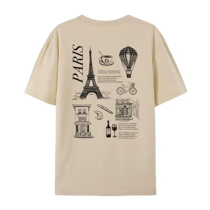 Paris France Loose Streetwear Graphic Tees Women Vintage Aesthetic Travel T Shirt Eiffel Tower Graphic Tees Unisex Vacation Tops