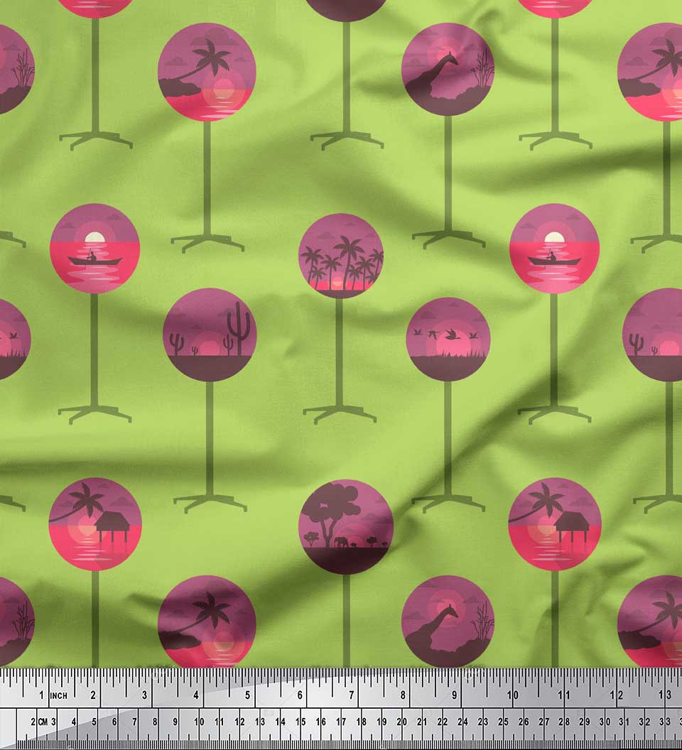 

Soimoi Purple Japan Crepe Satin Тканина Дерево, Яхта та Захід Природа Надрукована Тканина 1 метр 42 дюйма 42 Inch Wide - Poly Crepe зелений