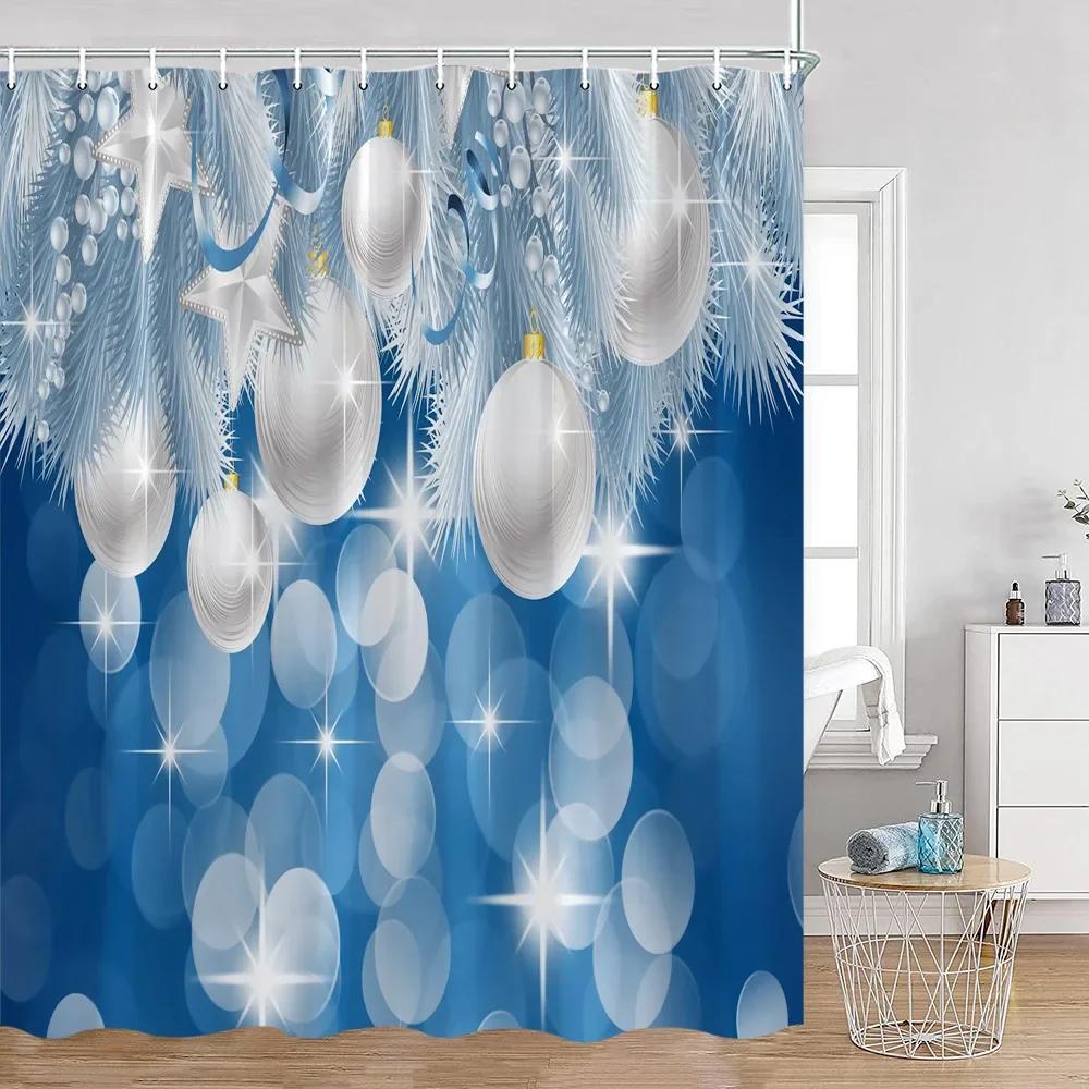 Chritsmas Shower Curtain Red Silvery Ball Xmas Balls Snowflake Pine Leaves Merry Christmas Winter Polyestert Bath Curtain Decor