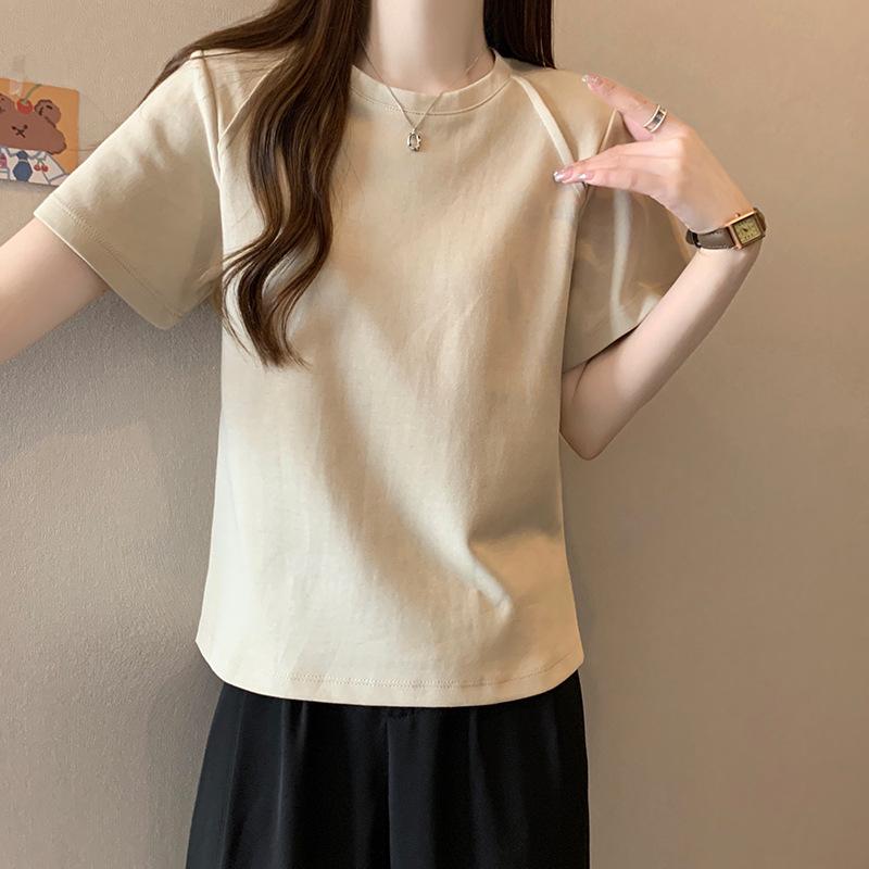 Sommer Neues einfarbiges Raglanärmel Kurzarm-T-Shirt für Damen Rundhals Fischgräten Schulter Slim Top