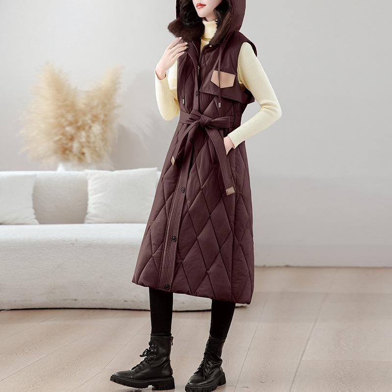 Long over-knee down cotton vest women's fattened enlarged thickened hooded cotton vest fashion vest trendy