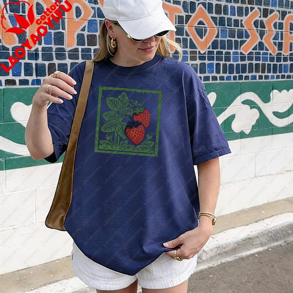 Strawberry Cottagecore Shirt Vintage Botanical Strawberry Tee Garden Fruit Block Print TShirt Berry Plant Graphic Unisex Tshirt