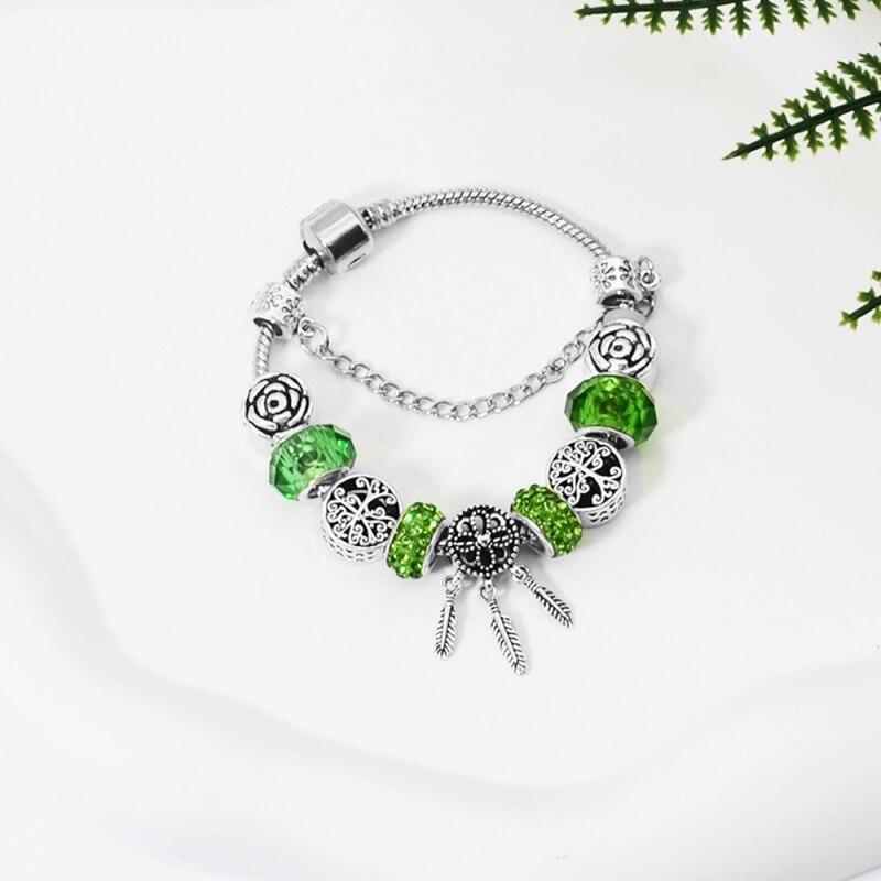 1pcs Bracelet For Men And Women Vintage Style Flowers Tree Of Life Feather Tassel Crystal Green System Beads Jewelry
